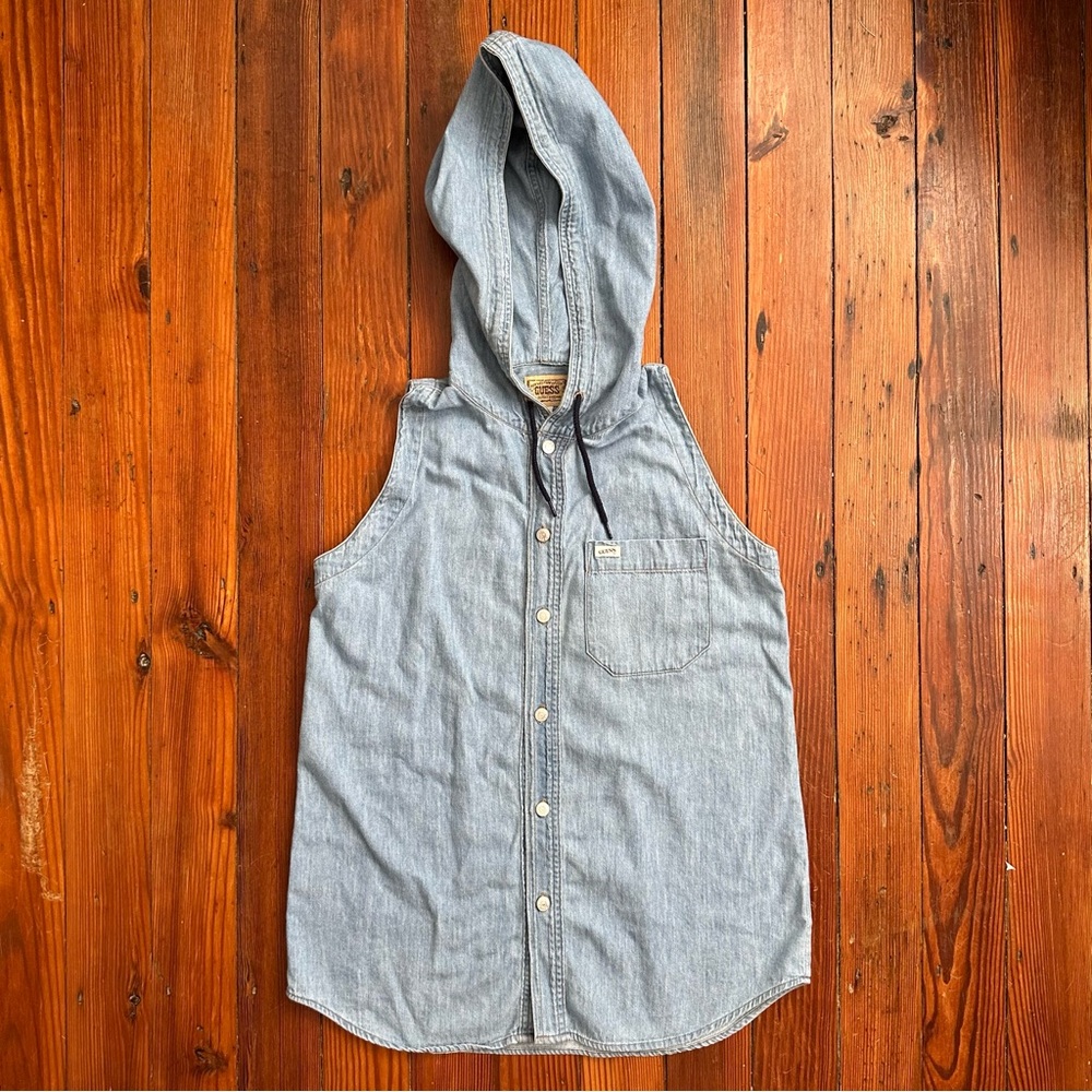 Guess by Marciano Light Blue Denim Hooded Button-Down Tank